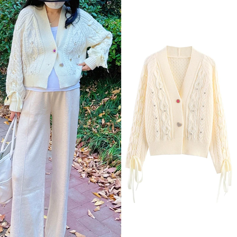 

Womens Knit 2025 New Fall Fashion Simple Wearing Rope Stud Bead Knit Streamer Cuff Design Everyday Layering Knitwear Trafizaran