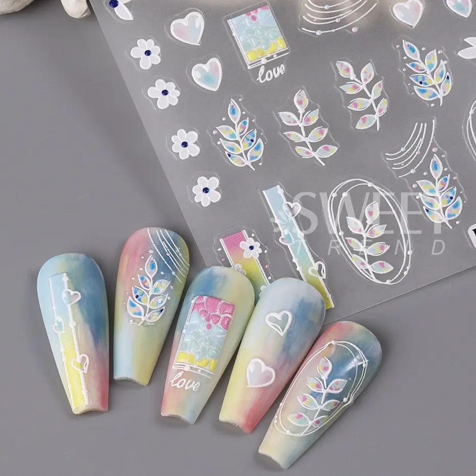 5D Embossed Flower Nail Stickers Colorful Simple DIY Wildflower Daisy Geometric Lines Gel Polish Decals Wedding Engraved Slider