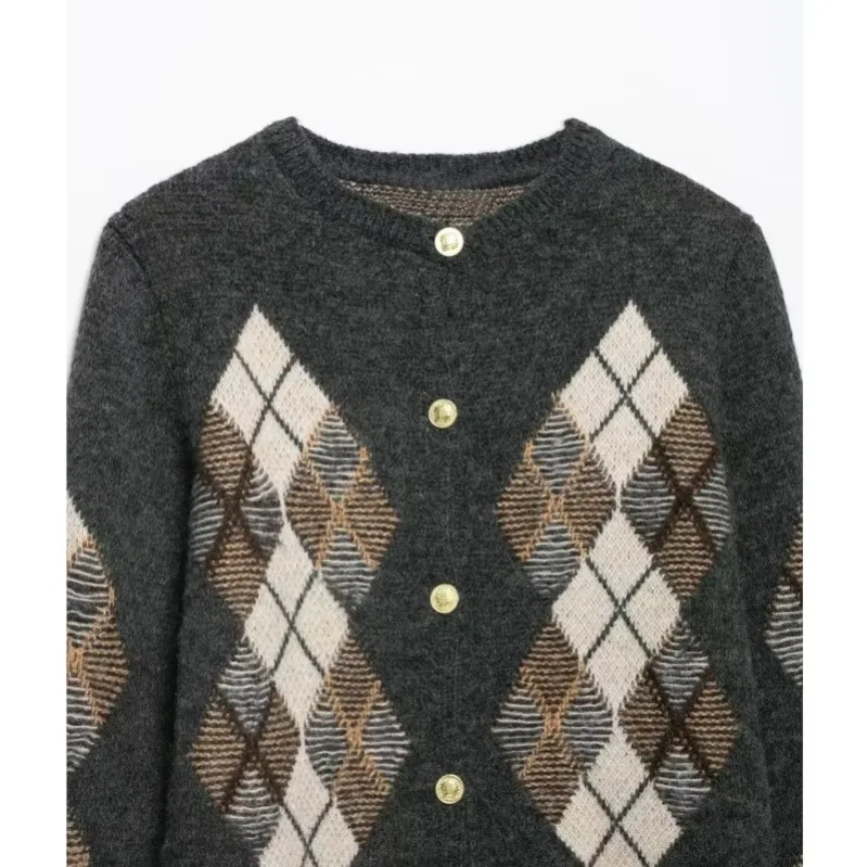 Guobioziy Womens Minimalist Style Argyle Knit Cardigan 2026 Autumn Casual O Neck Long Sleeve Button Up Chic Female Tops view 4