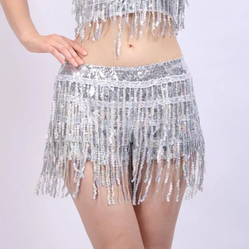 

77HE Sparkling Sequins Shorts with Fringe Tassels Detail for Club Party Festivals