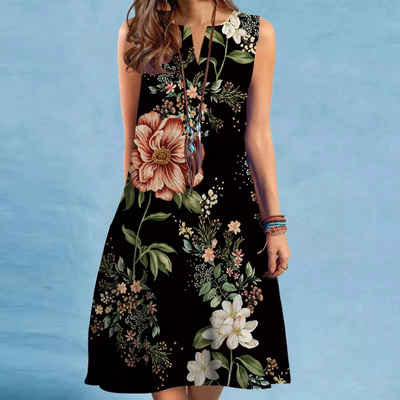 Minivestidos con estampado Floral y cuello en V para mujer, vestido informal sin mangas con estampado 3D de flores para calle, vestido holgado de talla grande 6XL