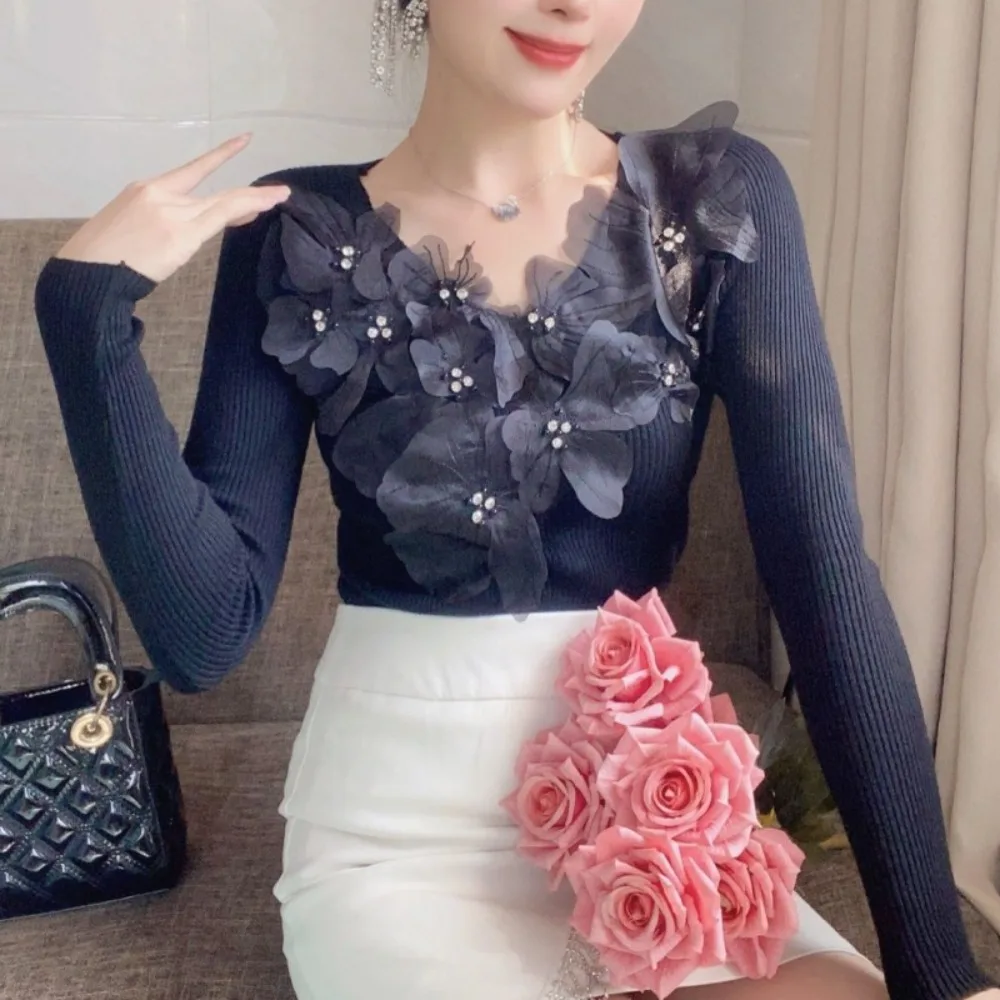 Neploe Slim V Neck Knit Pullover Heavy Ropa Mujer Commuter Beading Sweet Flower Pull Femme Pure Desire Age Reduction Undershirt