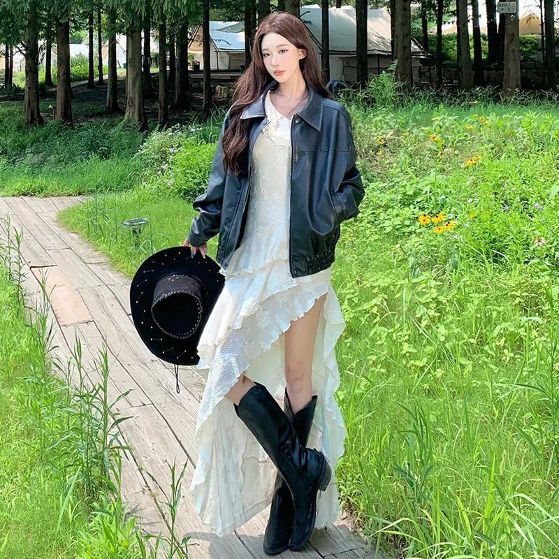 스트리트 슬레 롱 스웨이드 레이스 여성용 비대칭 밑단 슬림핏 드래그 테일 미디 스커트 폴리에스터 섬유 캐주얼웨어