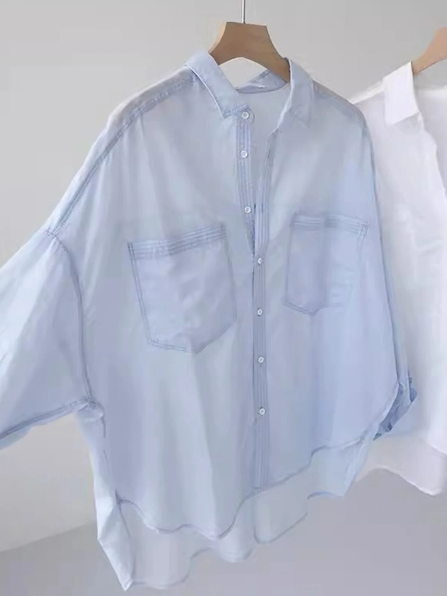 

Single-Button Loose Long-Sve irt Pure Color Design Summer Commute Sle Slimming Anti-Aging Top for Women