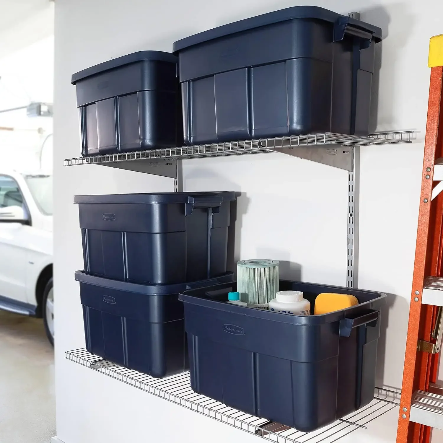 14 Gal, 6 Pack, Made in USA, Dark Indigo Metallic, Rugged Plastic Stackable Storage Bins with Lids and Handles