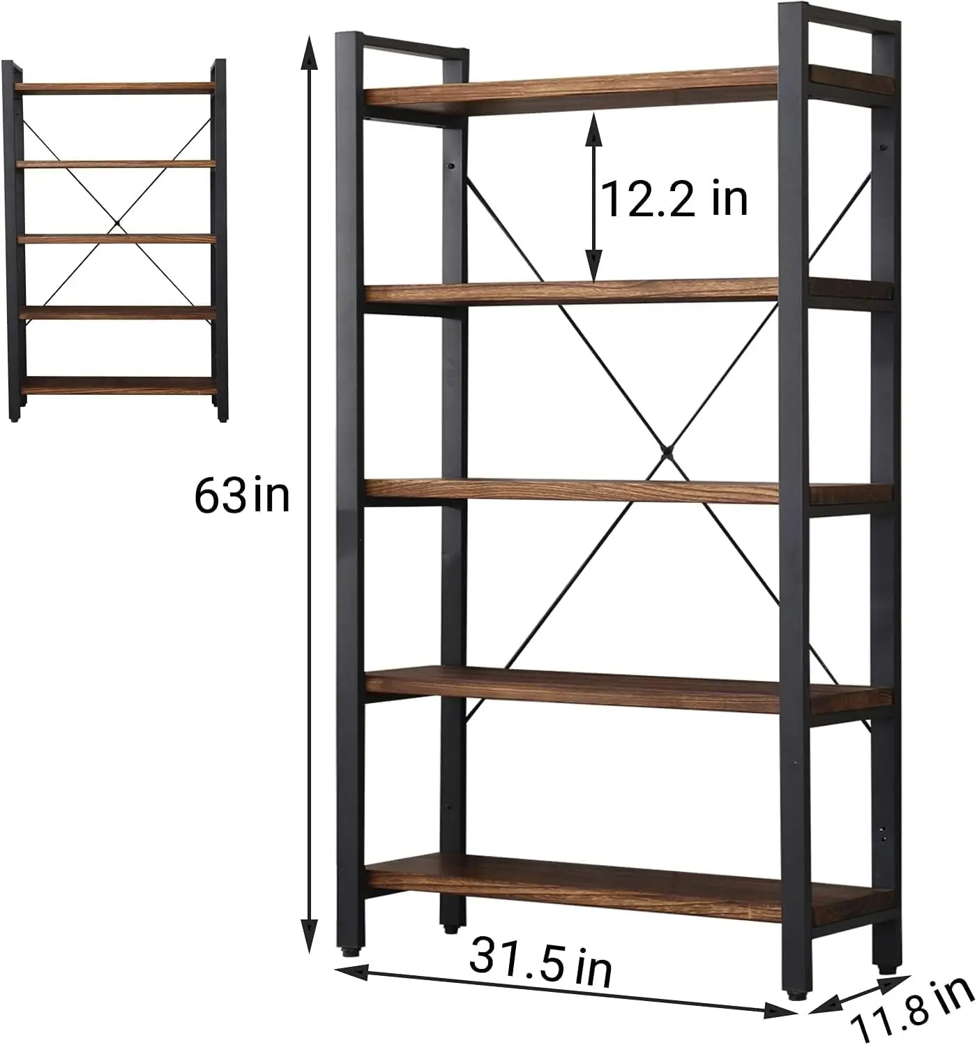 5 Tier Bookcase, Solid Wood Bookshelf Rustic Vintage Industrial Etagere Bookcase, Metal and Wood Free Vintage Bookshelf