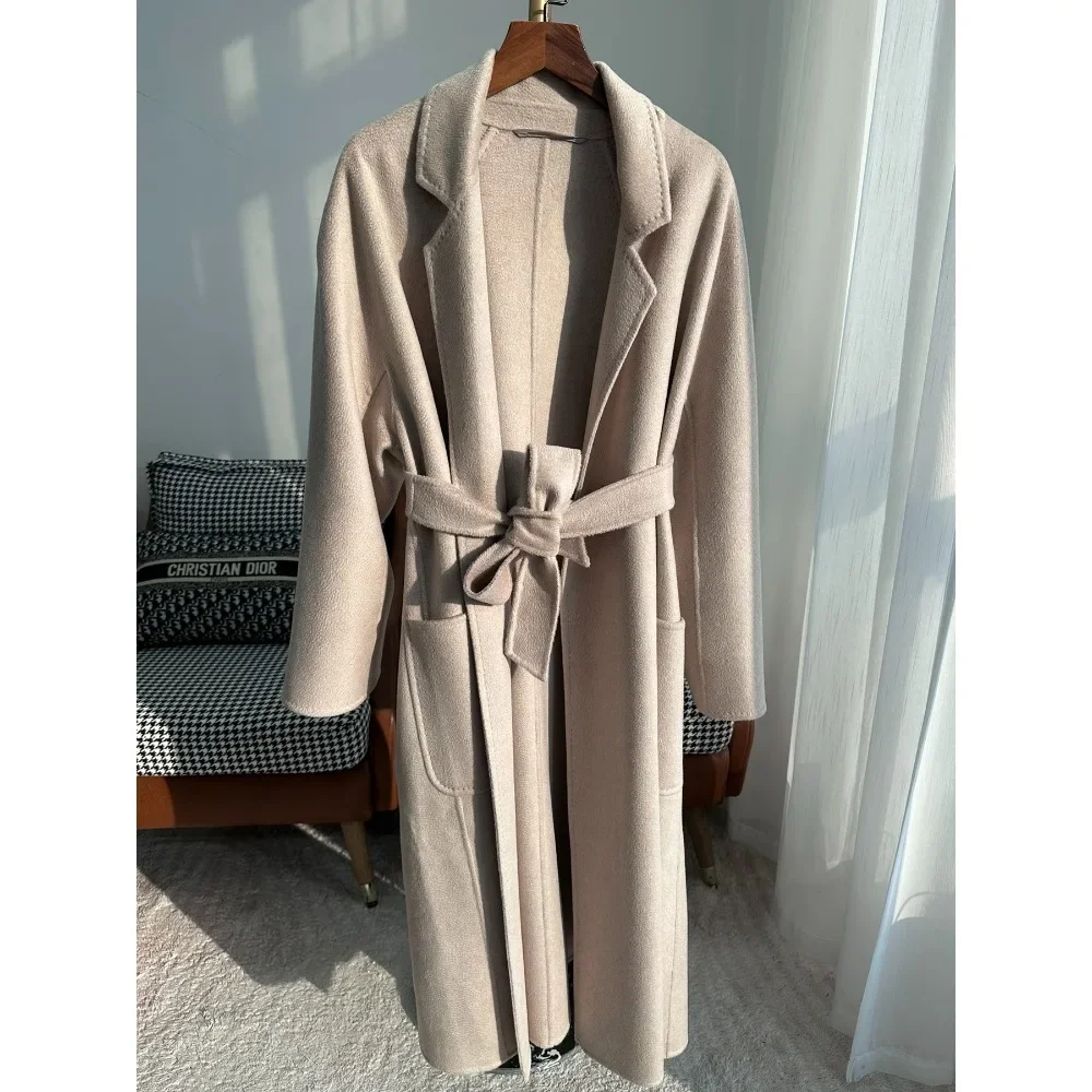 100% Cashmere Coat, Mid-length Women's High-quality Rippled Wool Max Coat, with Belt Labb Double-sided Cashmere Coat 2023 Winter