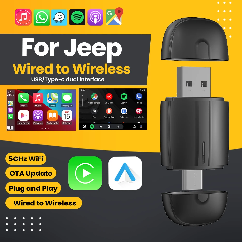 Wireless Android Auto Adapter CarPlay Adapter USB Type-C WIFI 2 In 1 For Jeep Compass Grand Cherokee Renegade Wrangler Cherokee