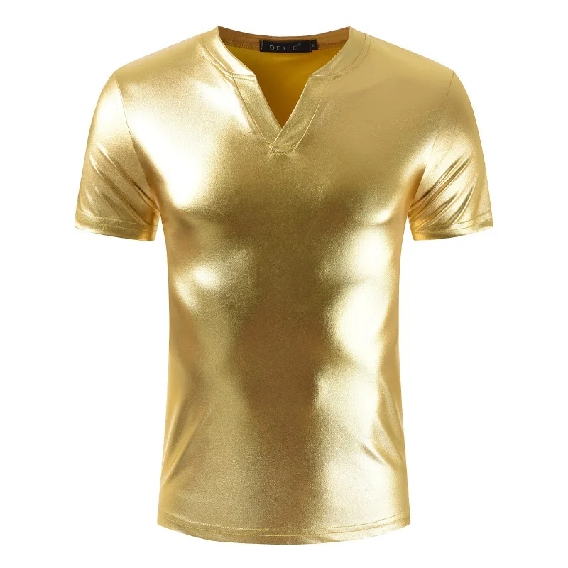 Camiseta de plata brillante para hombre, camisa Sexy de manga corta para discoteca, fiesta, graduación, cuello en V, verano, 2023