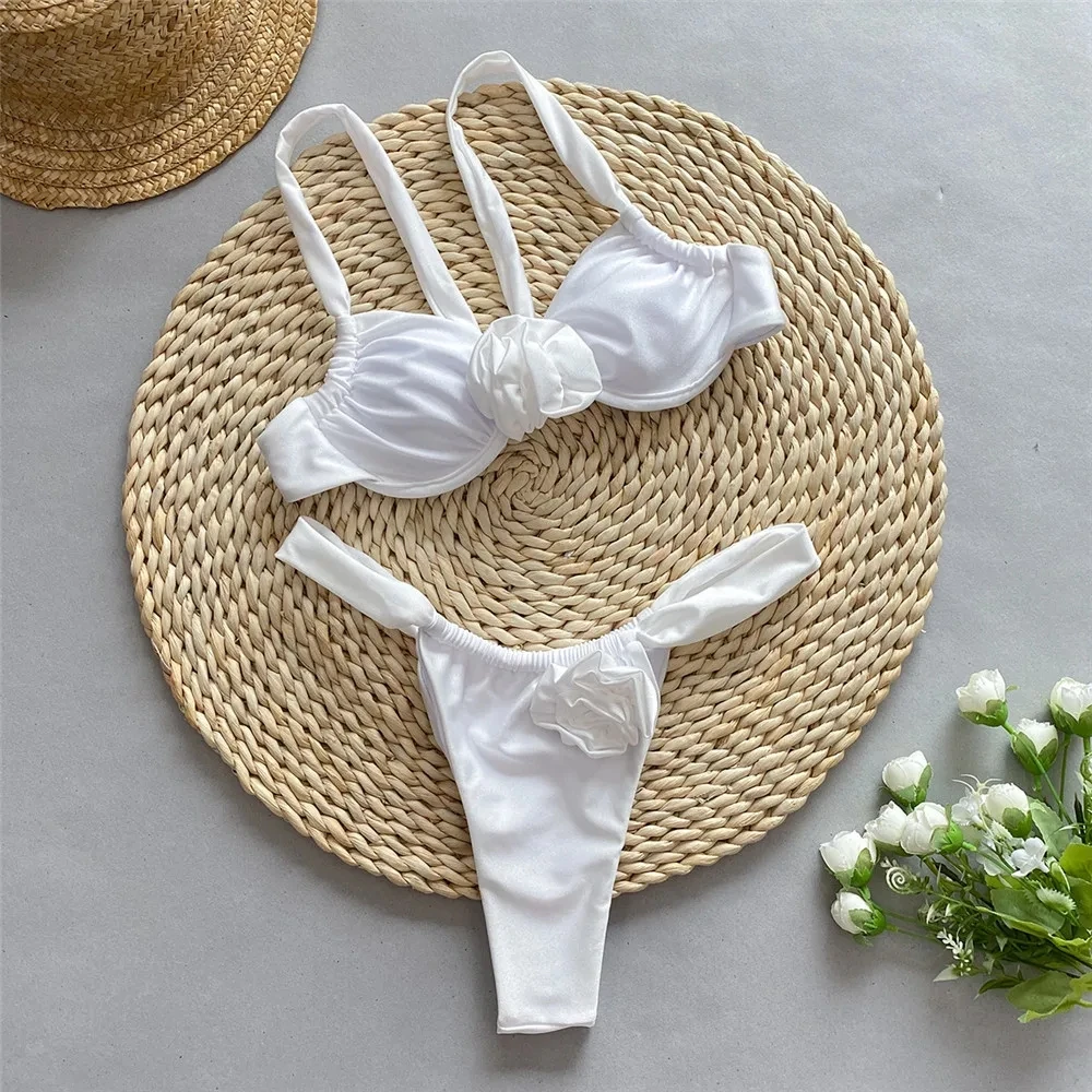 Sexy 3D Flower White Bikini 2024 Women Push Up Swimwear Micro Thong Swimsuit Strój kąpielowy Pomarszczony zestaw bikini Mujer Biquinis