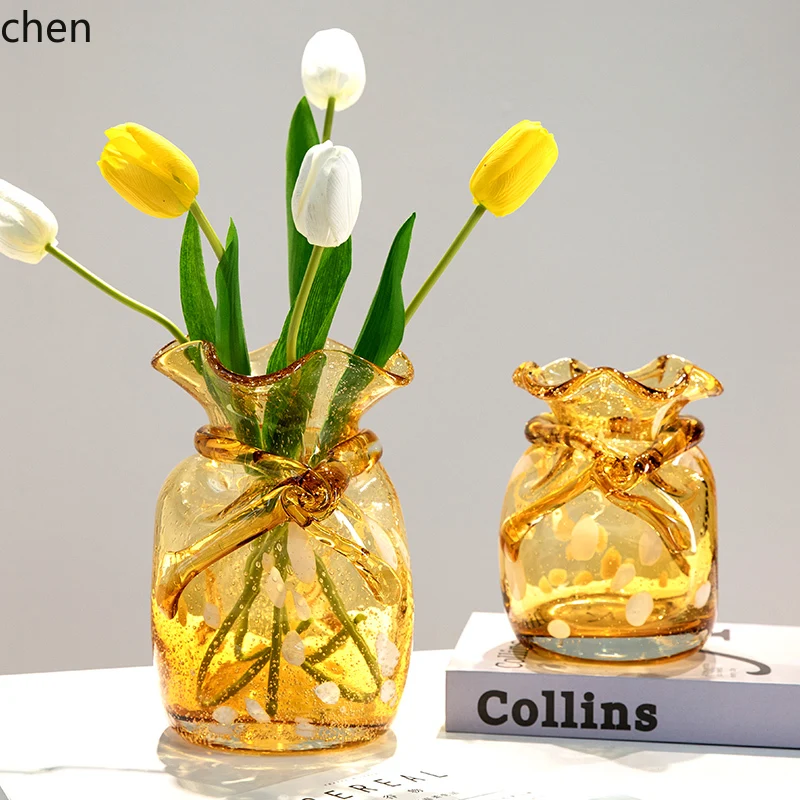 

HTT Amber Gold Gilded Candy Bag Glass Vase Home Desktop Entrance Money Bag Decorative Ornament Hydroponic Vase