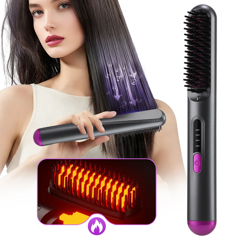 

Straight Hair Comb Portable Travel Hair Straightener Anti-Scald Heated Styling Brush USB Charging Cordless Hair Straightener