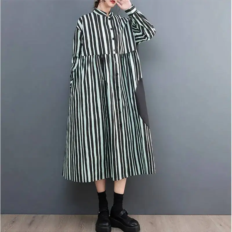 # 0164 Vertikal gestreiftes Kleid für Damen, zweifarbig, A-Linie, langes Hemdkleid, Langarm, Vintage, Büro-Midikleid, Damen, mit Knöpfen