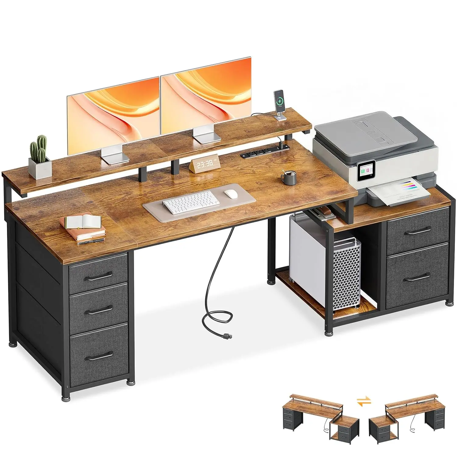 Rustic Brown Computer Desk with Printer Shelf 5 Fabric Drawers Power Outlet CPU Storage for Home Office, Customized