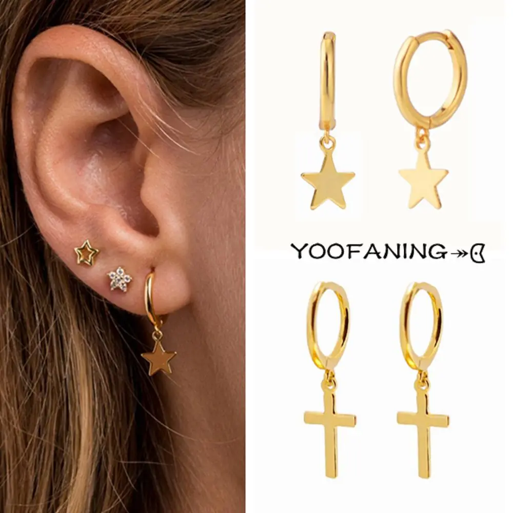 

925 Sterling Silver Ear Needle Simple Classic Gold Silver Hoop Earrings Star Shaped Pendant Retro Earrings for Women Jewelry