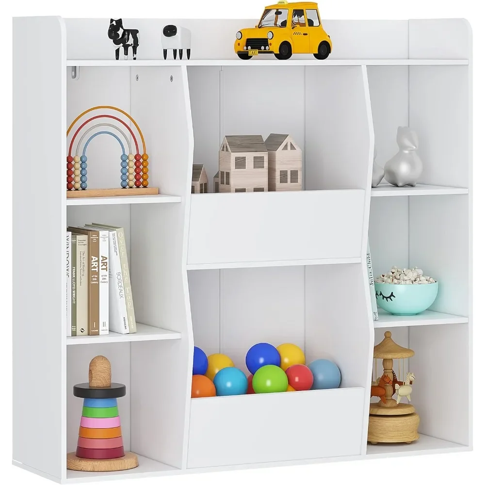 Kids Toy Storage and Bookshelf, Multifunctional Bookcase with 8 Cubbies and Bins, Open Kids Bookshelf Organizer Display Stand