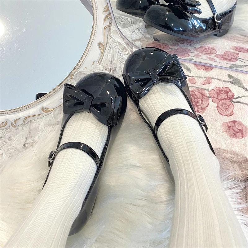 Sweet Cute Bow Low Heel 1cm Flats Round Head Loli Shoes Lolitas For Kawaii Girls Harajuku Jk Uniform Shoes
