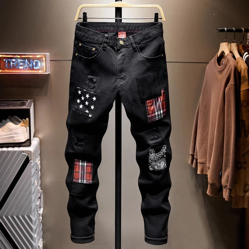 

Designer fashion new men's jeans retro jeans patch black elastic slim fit jeans men's retro patchwork pants Y2K