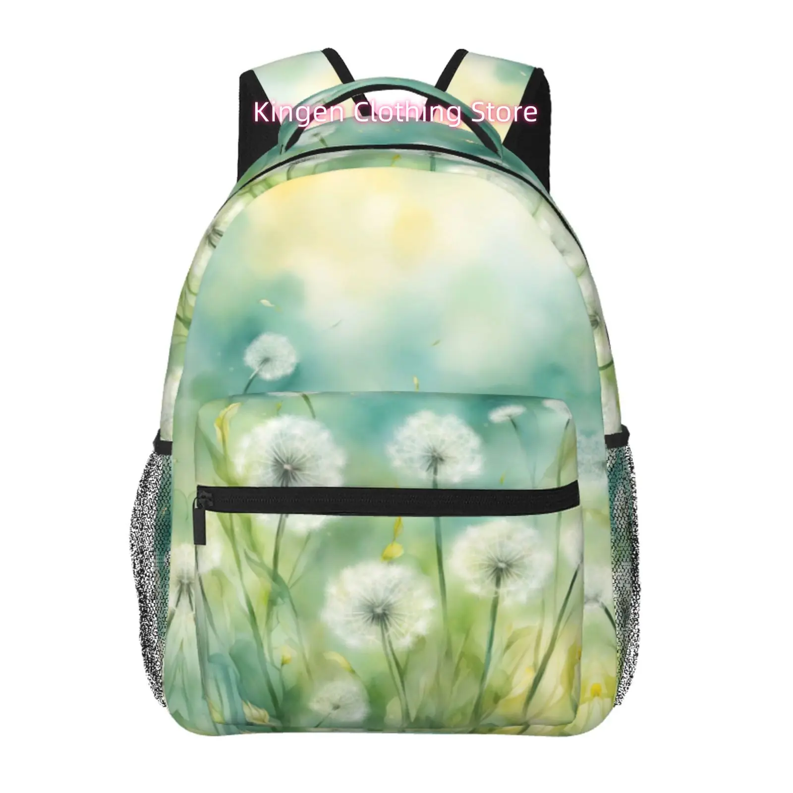 Soft Green Dandelion Print Backpack, Nature-Inspired Oxford Daypack, Adjustable Shoulder Straps, for Unisex Outdoor And Daily Us