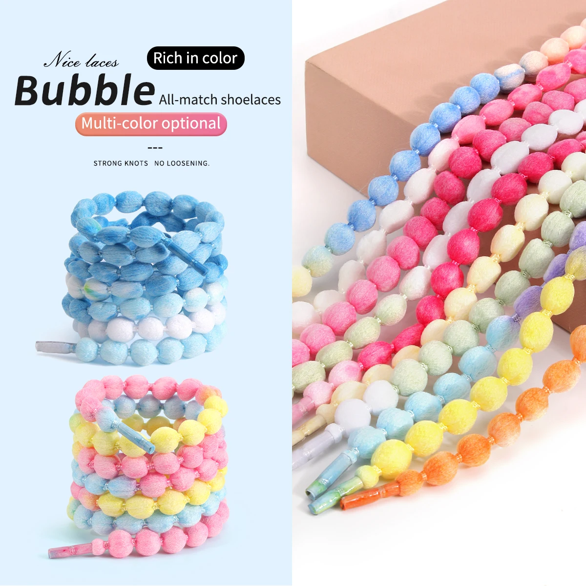 1 Pair Color Gradient Round Plush Ball Shoelaces,Cute Bubble Woven Shoelaces Suitable for Women and Girls