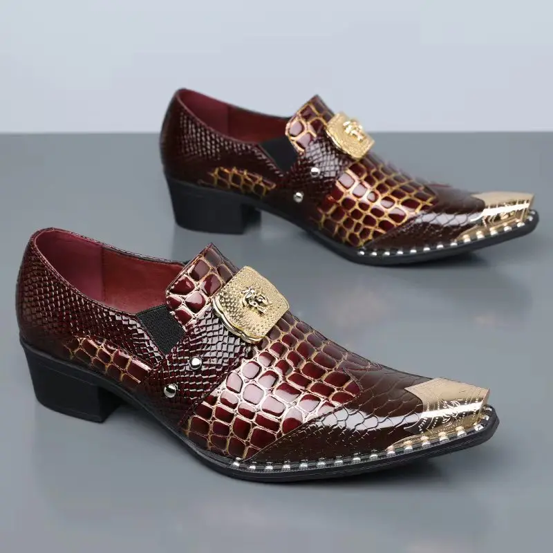 Men's Snake Print Brogue Oxfords Pointed Toe Low Top Chunky Heel Business Casual Wedding Dress Shoes Plus Size Designer Shoes