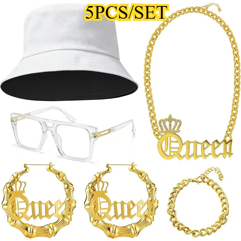 5PCS/SET Hip Hop Queen Costume Kit 80s 90s Rapper Accessories DJ Retro Disco Kit Party Club Halloween Cosplay Dress Up Accessory