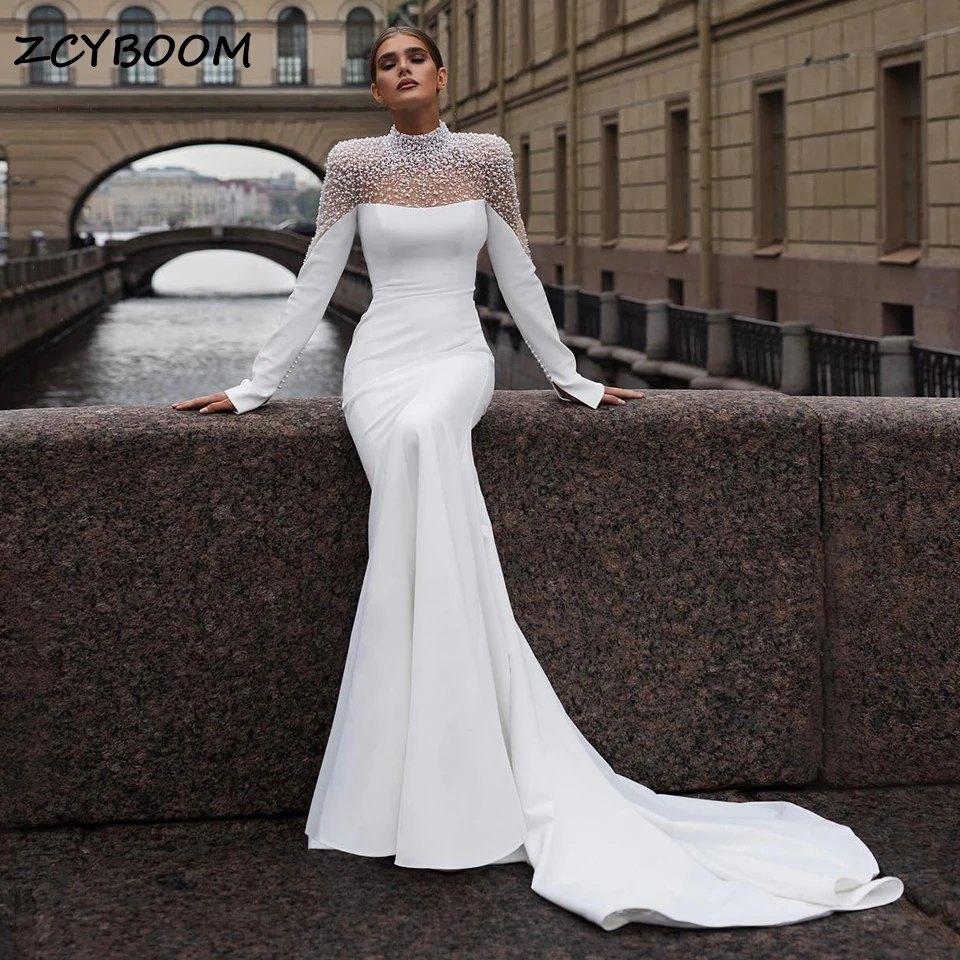 럭셔리 하이넥 반짝이는 진주 비딩 머메이드 웨딩드레스 2025 사우디 아라비아 긴 소매 여성 신부 드레스 베스티도 데 노이바