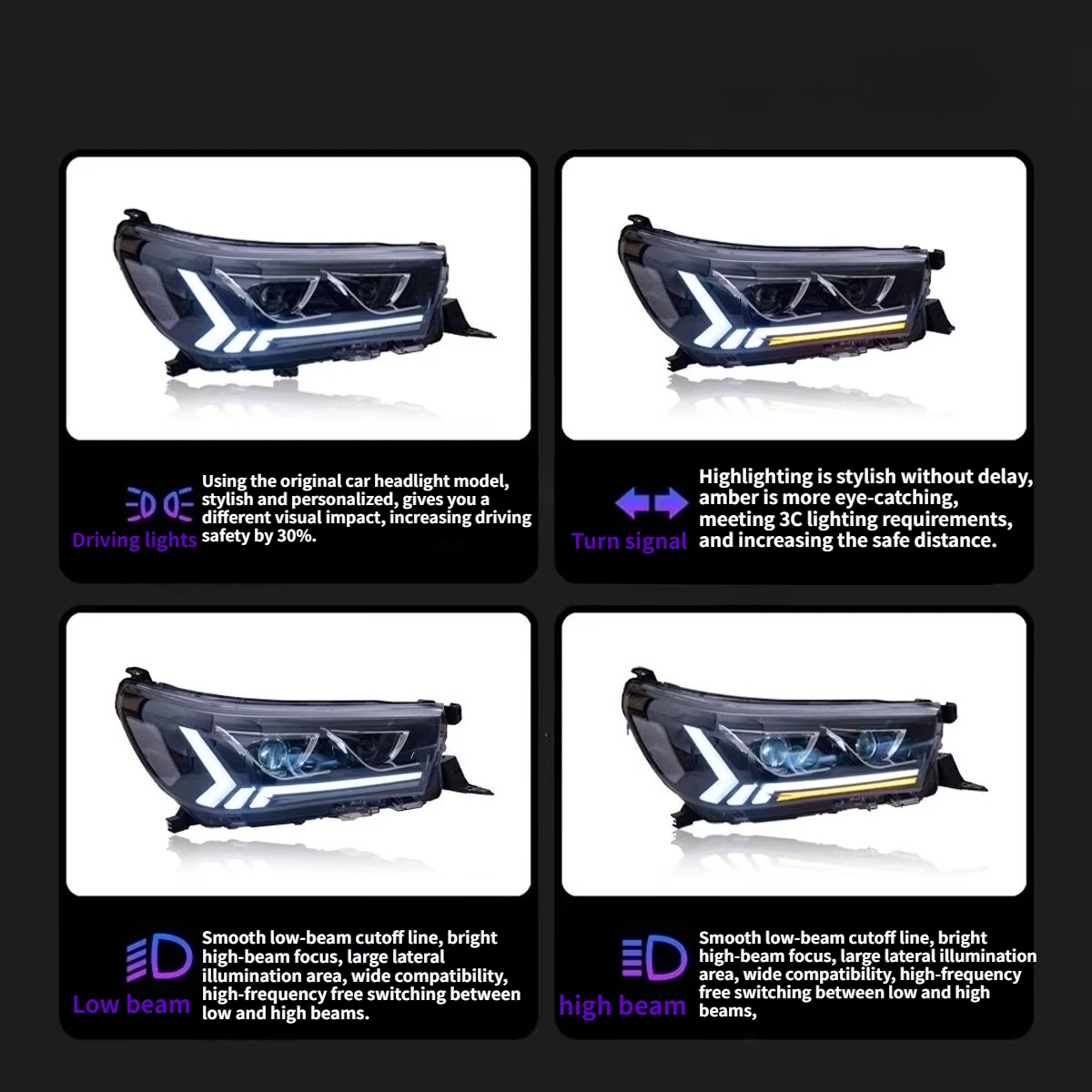 

Car Headlight Assembly For Toyota Hilux REVO 2015-2020 Hi-Low Beam LED Daytime Running Light Turn Signal Lamp Car Accessories