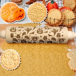 Halloween Rolling Pin with Pumpkin Skull Ghost, Wooden Embossed 3D Cookie Mold Laser Engraved DIY Baking Tools Dough Roller