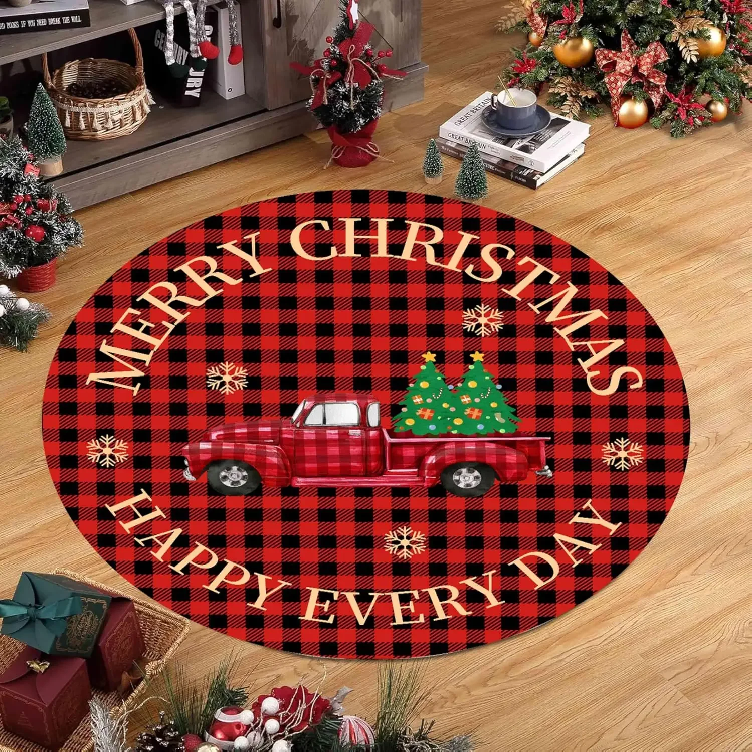 Vintage Red Truck Round Rug Merry Christmas Carpet Buffalo Plaid Area Mat Retro Pine Tree Car Living Room Floor Decor Element