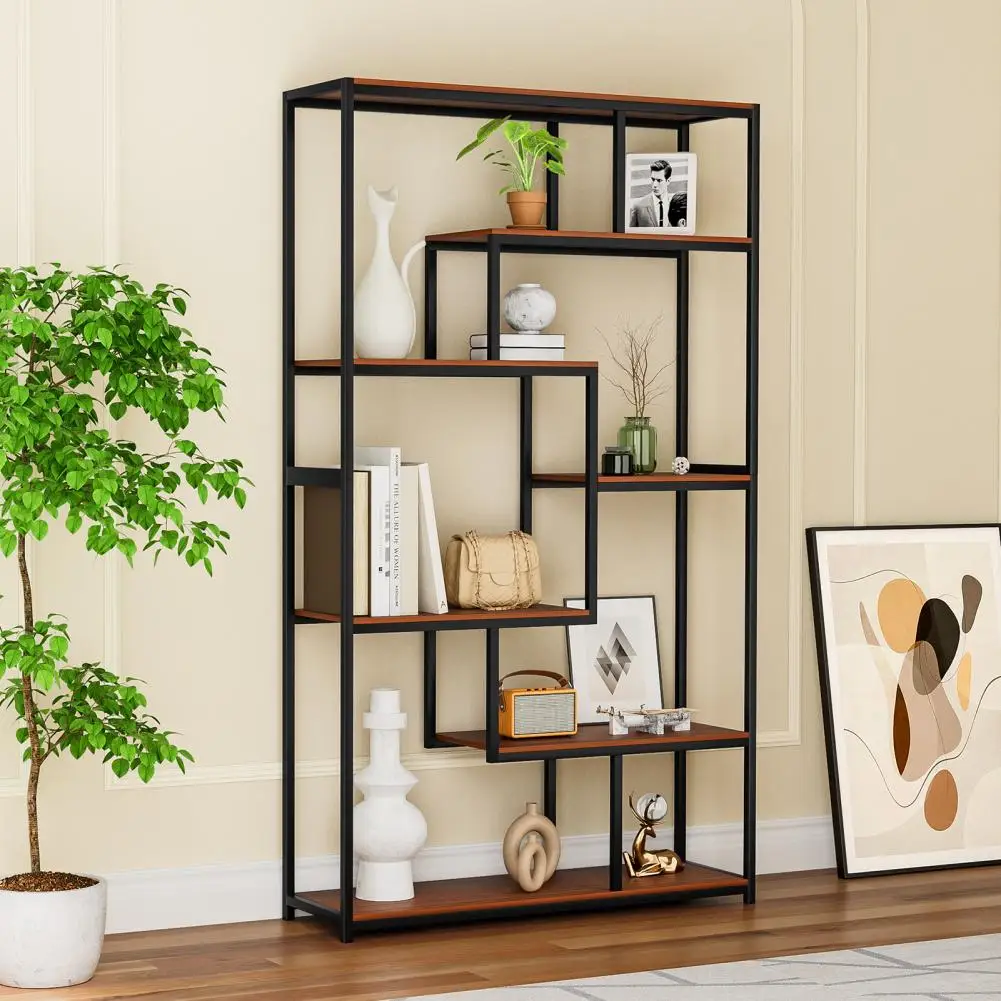 Tiered Freestanding Floor Display Shelf, Wood And Metal Corner Etagere Bookcase for Tea Room, Living Room, Ebony