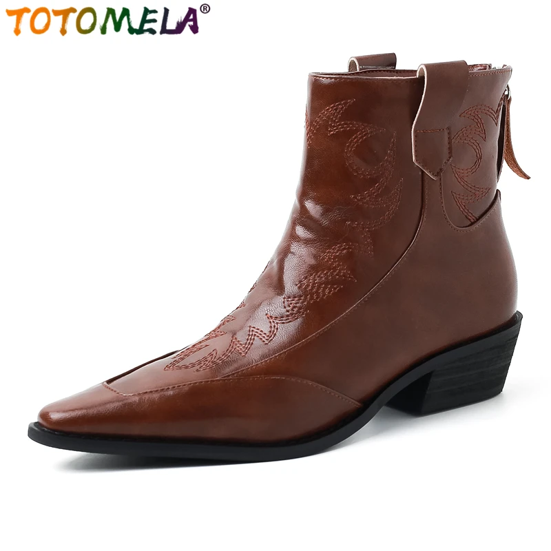 

TOTOMELA Plus Size 34-43 New Genuine Leather Ankle Boots Zipper Pointed Toe Block Mid Heels Retro Handmade Ladies Western Boots