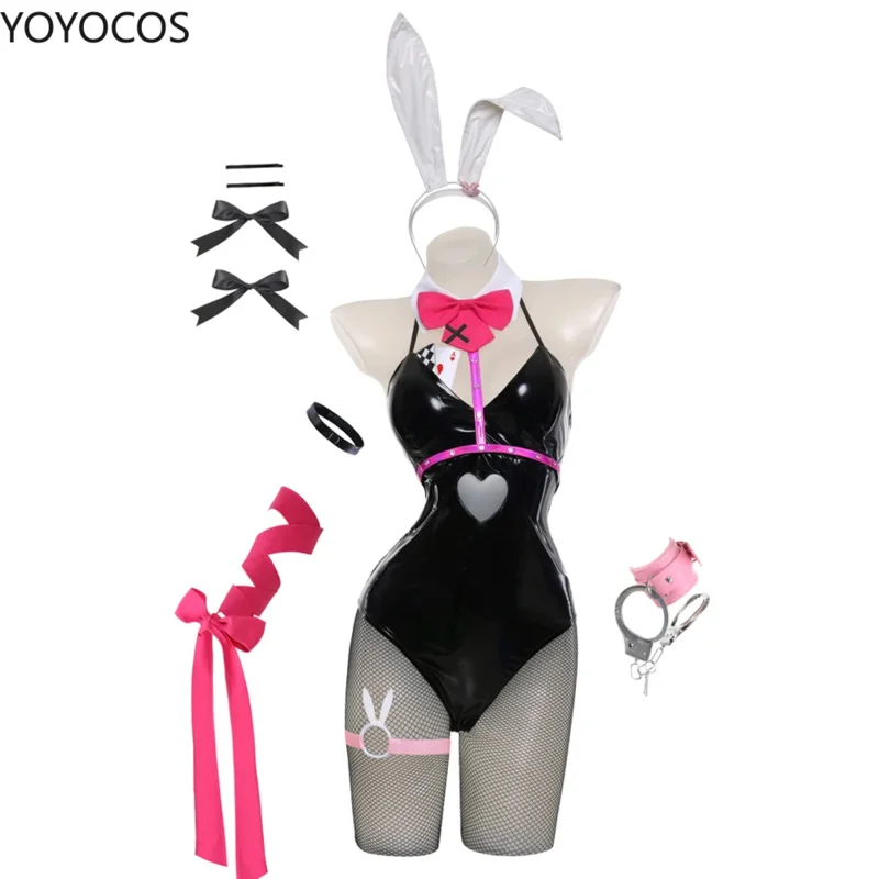 Qq38YOYOCOS Coelhinho de couro envernizado preto sexy fofo fantasia de Halloween cosplay roupas arcos menina