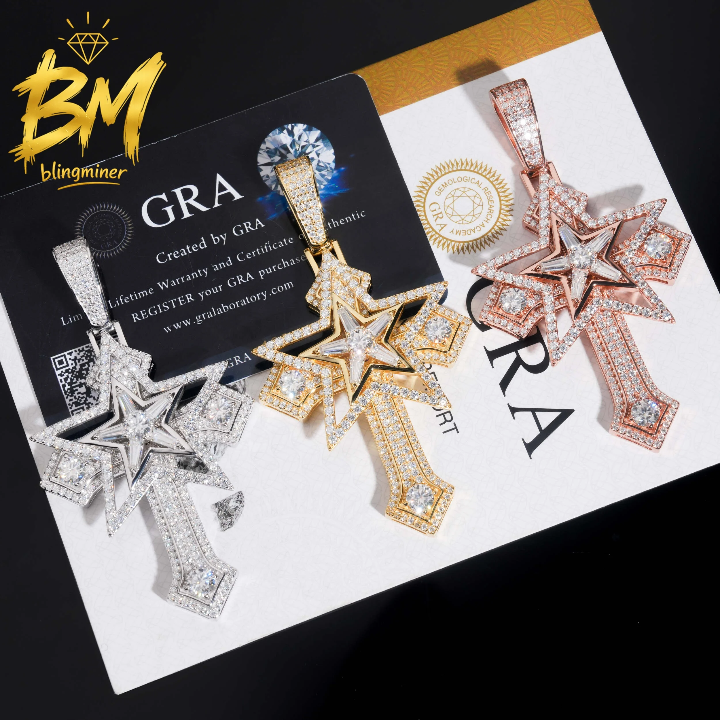 Blingminer Big Star Cross Iced Out VVS Moissanite Pendant For Men Women S925 Silver Pendants Jewelry Pass Diamonds Tester GRA