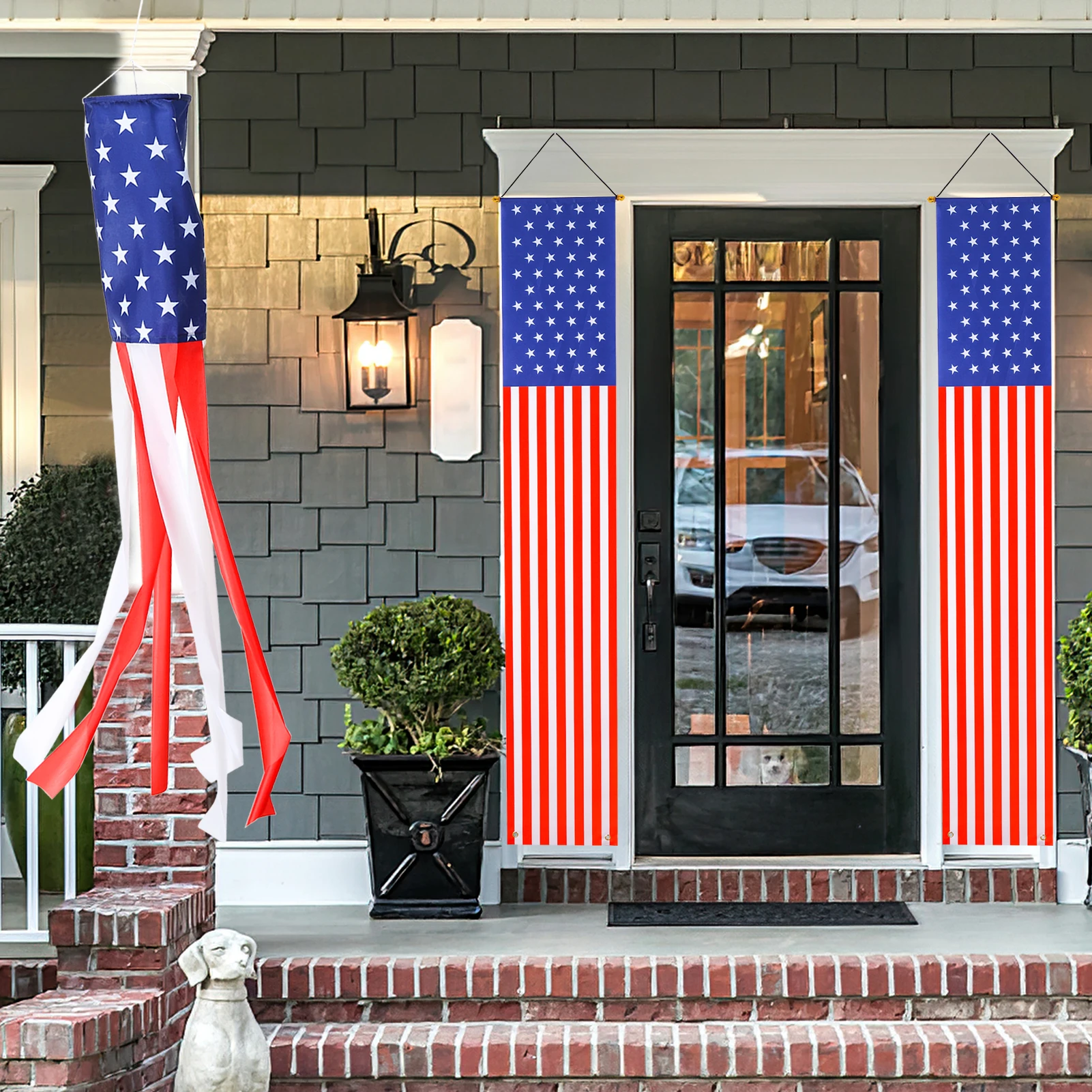 

4th of July Patriotic Independence Day Decorations 3PCS Hanging Flag Banners Porch Sign 60 Inch American US Flag Windsock