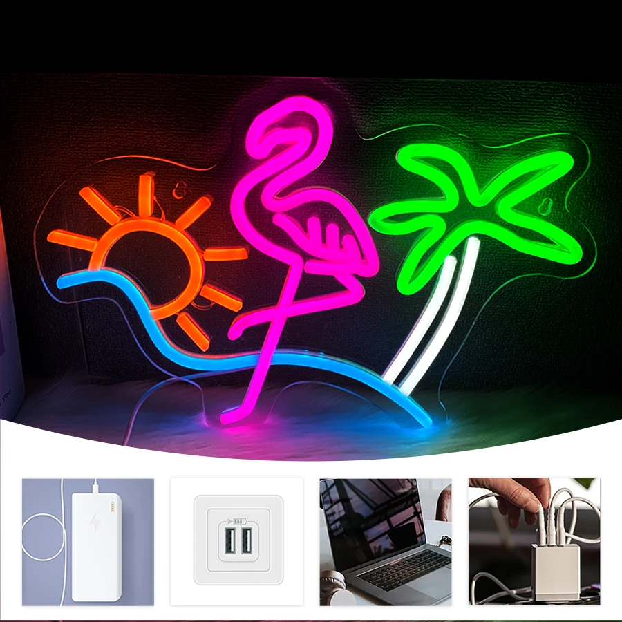 Flamingo and Palm Tree Neon Sign Led Light Up Signs for Wall Decor Pink Flamingo Neon for Party Home Holiday Bar Bedroom Club view 4
