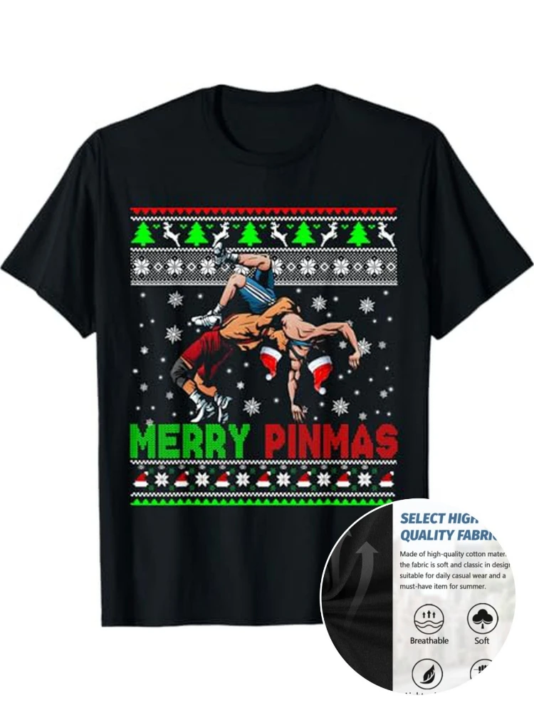 

Funny Merry Pinmas Christmas Wrestling Santa&Pinball Graphic-100% cotton summer O-neck short sleeve printed men's T-shirt.