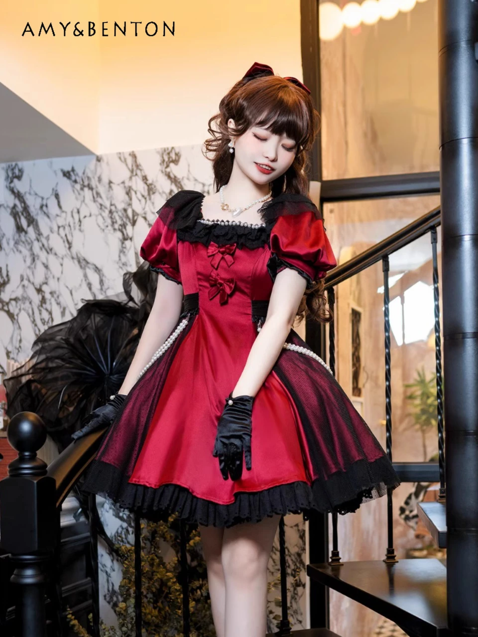 Estilo de fada op elegante cla original lolita vestido doce temperamento puff mangas pérola pingente high-end cetim magro vestidos inchados