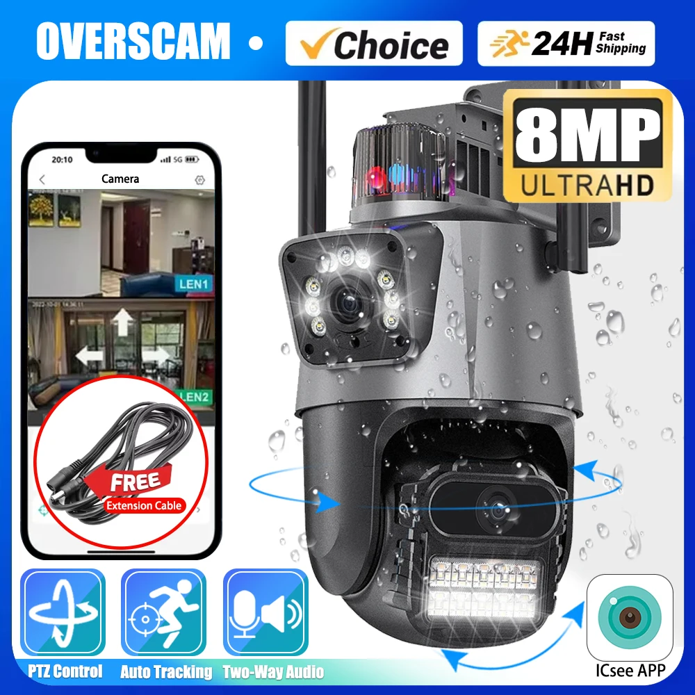 External 8MP 4K PTZ WiFi Camera Outdoor Dual Lens CCTV Video Police Light Alarm Security Track Protection Surveillance P2P iCSee