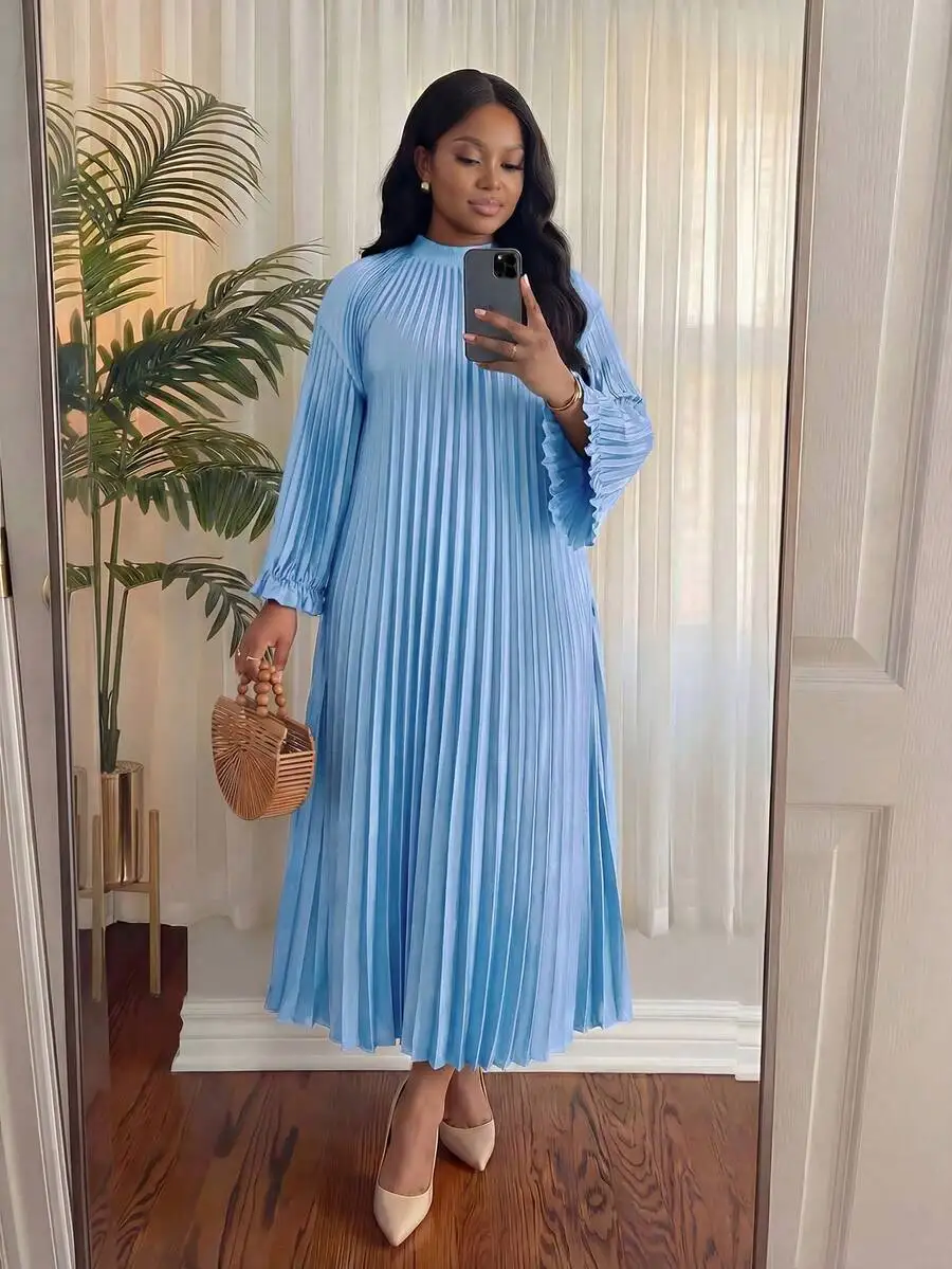 

Light Blue Pleated Long Sleeve Loose Midi Dress For Women Casual Elegant Spring Summer