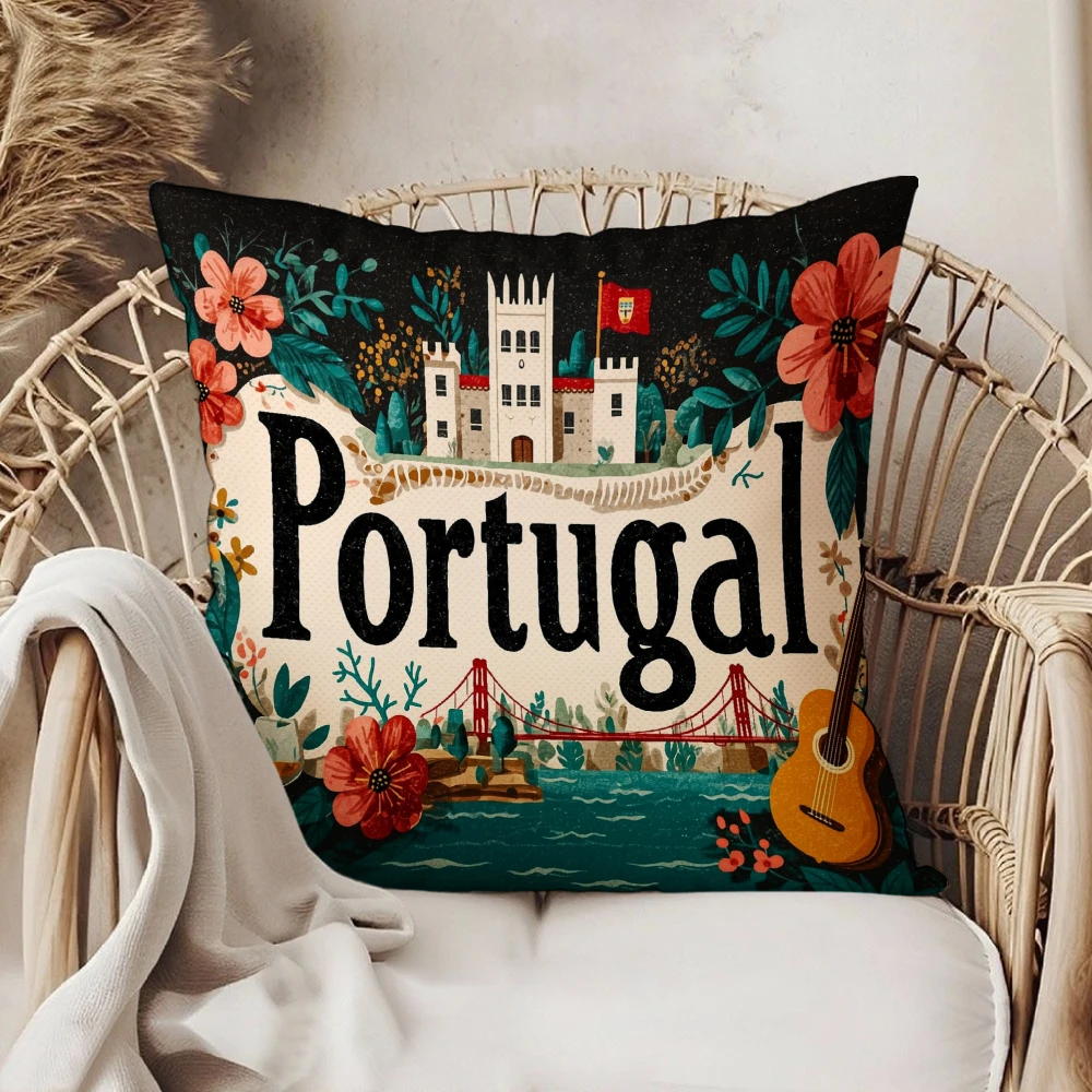 Decorative Throw Pillow Case Black Portugal Castle Bridge Guitar Floral Print For Living Room Sofa Bedroom Home Decor