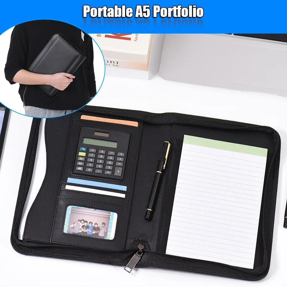 A5 Business Portfolio Padfolio Folder Document Case Organizer A5 PU Leather Zippered Closure Calculator Card Holder Memo