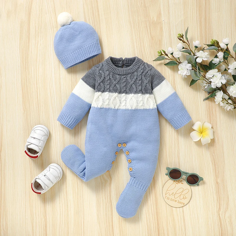 Newborn Baby Romper Set Knit Infant Kid Clothes Hat Fashion Striped 0-9M Foot Wrap Girl Boy Jumpsuit Outfits Long Sleeve Autumn