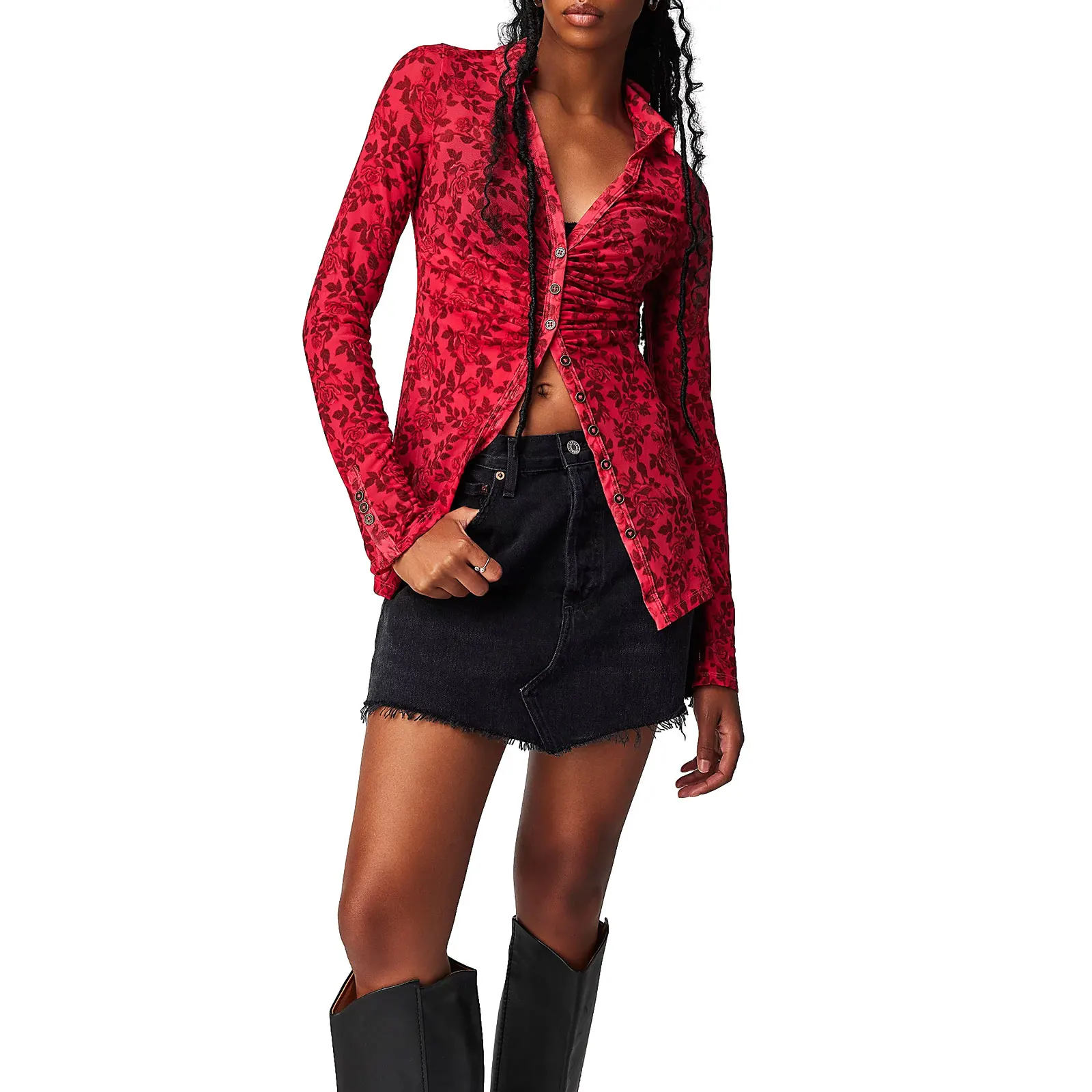 Dames Y2K V-hals met knopen, lang shirt, casual bloemenprint, ruches, blouse met lange mouwen, ingerichte werktops voor streetwear