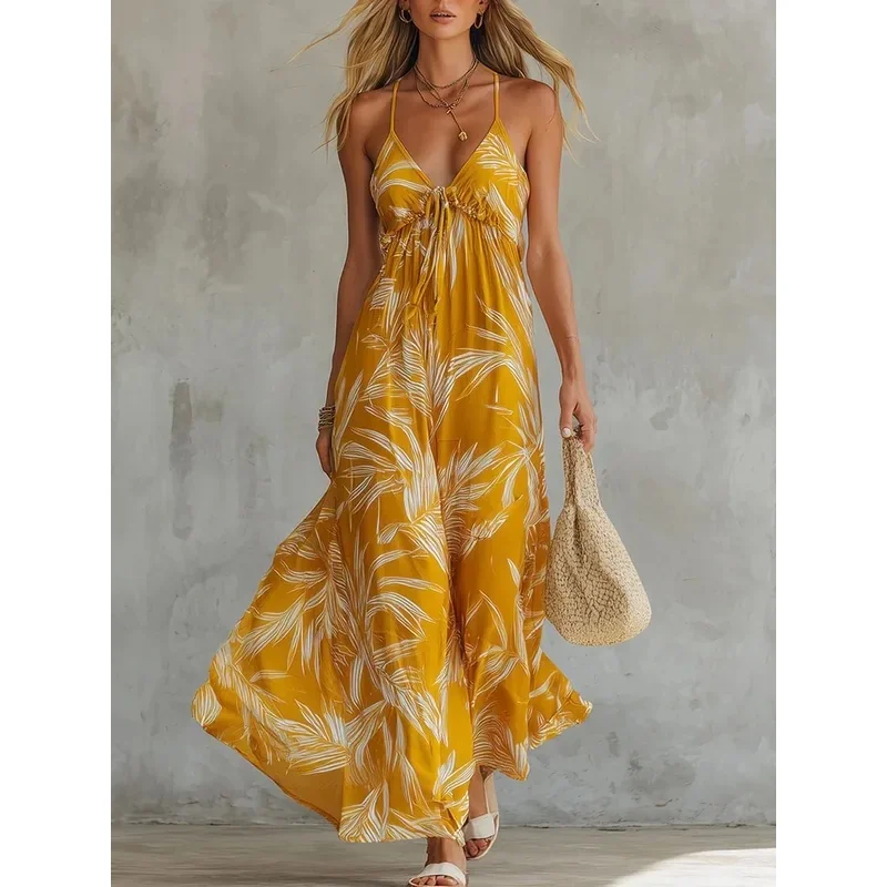 Boho Women Tropical Leaf Print Spaghetti Strap Maxi Dress V Neck Drawstring High Waist Flowy Summer Beach Vacation Long Dress
