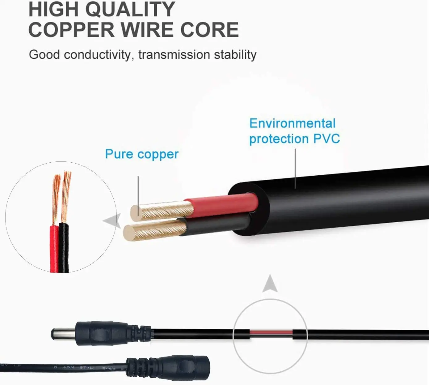 Przedłużacz DC 12V Kabel zasilający męski żeński 2,1 mm * 5,5 mm Przewód elektryczny Biały Czarny 0,5 m 1 m 2 m 3 m 5 m 10 m Przedłużacz do kamery