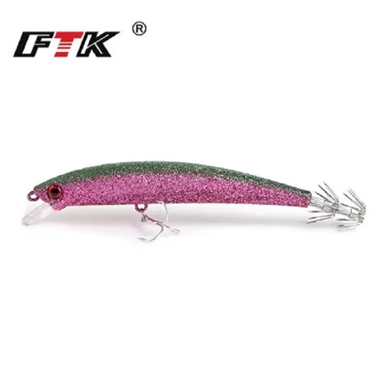 FTK Minnow Wobblers señuelo de pesca 120mm 23g anzuelo de calamar ojos 3D madera camarones mar cebo Artificial duro