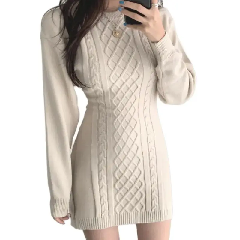 Women\'s Knitt Dress Autumn/Winter Round Neck Sexy Wrapped Hip Dress Korean Fashion Slim Open Back Dresses