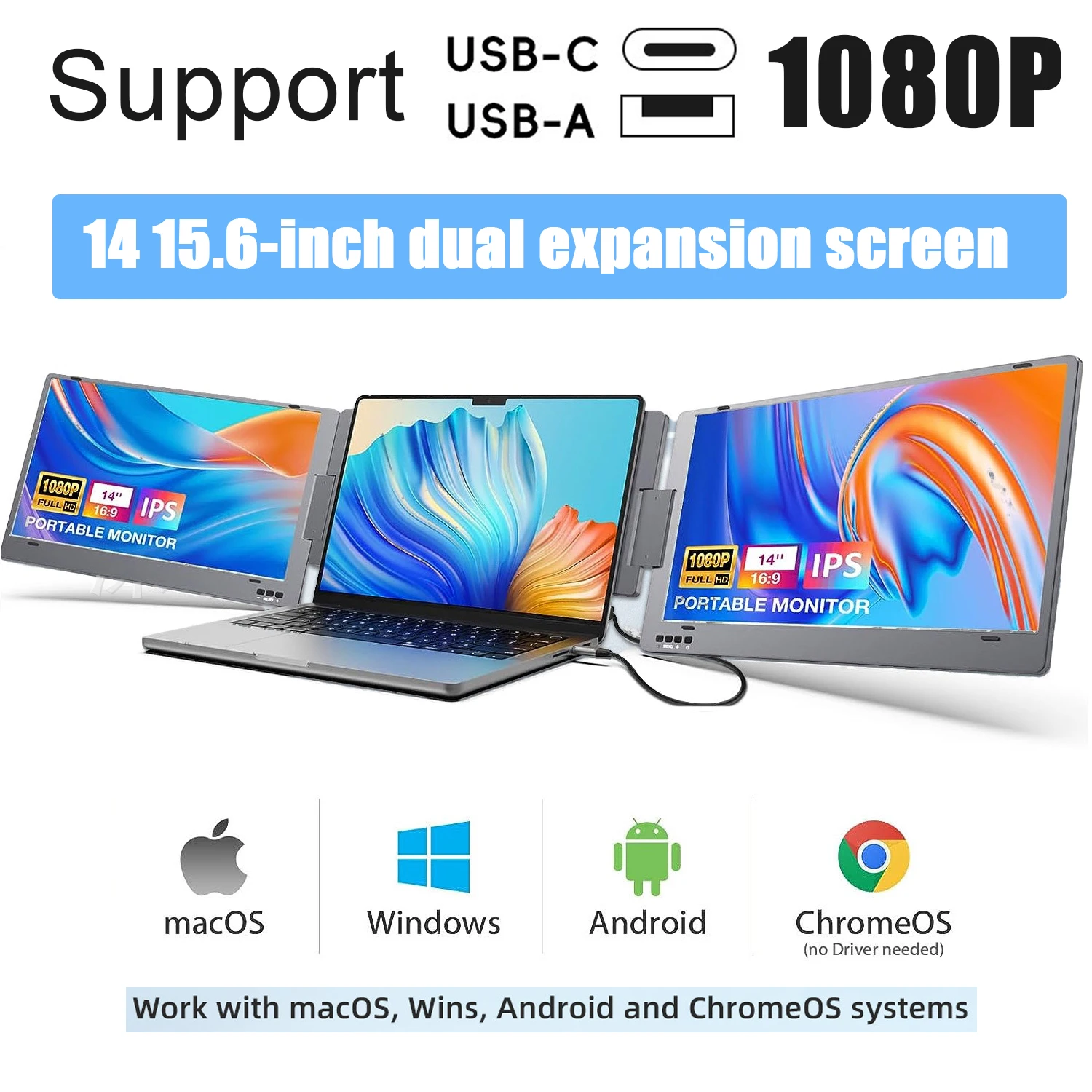 Laptop Screen Extender 14'' 15.6in FHD 1080P IPS Ultra-Thin Dual/Triple Monitor Display USB-A/Type-C Portable Monitor for Laptop