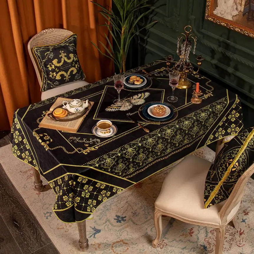Luxury Retro American Black Gold Tablecloth Pastoral Short Plush Waterproof Anti Splash Table Cover Chenille Tabletop Cloth
